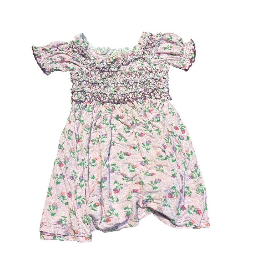 Matilda Jane Girls Pink Floral Smocked Ruffle Dress Sz 2 Rose Print Short Sleeve